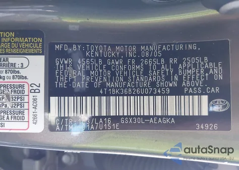 2006 Toyota Avalon Xls z USA, uszkodzony, nr VIN 4T1BK36B26U073459